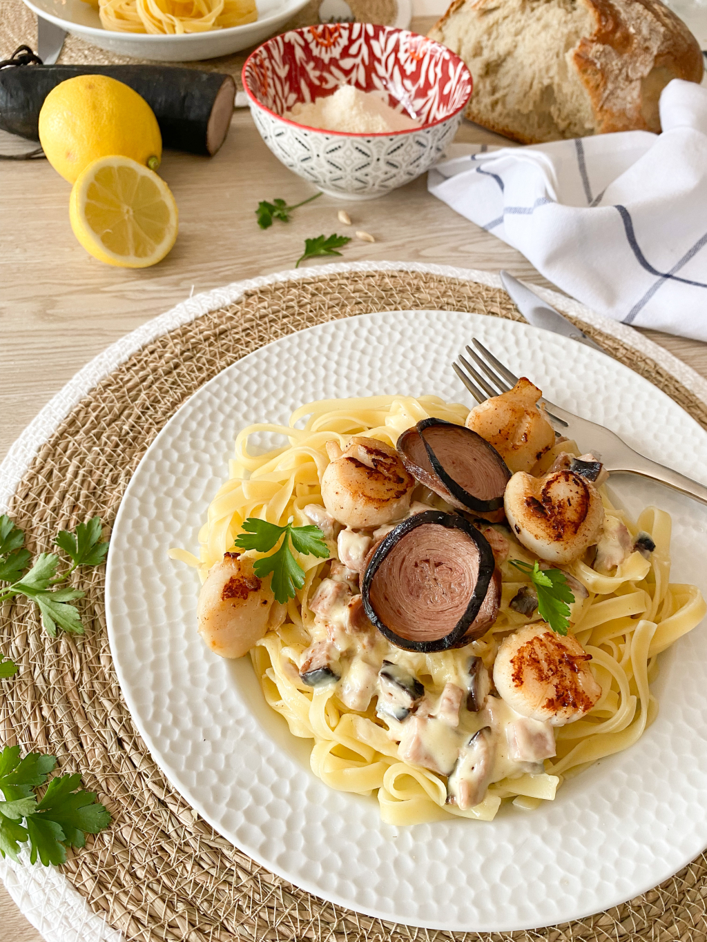 Tagliatelles Noix de Saint-Jacques et Andouille de Guémené